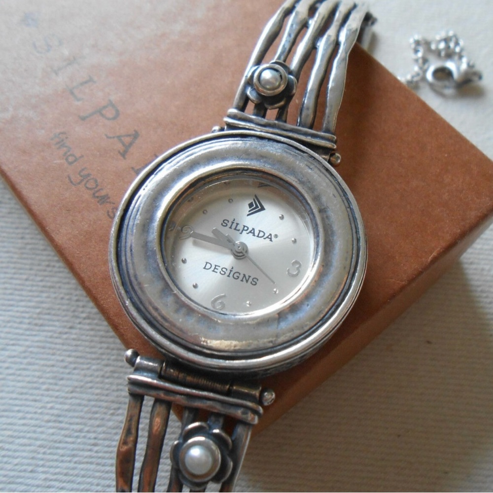 Silpada Watch Sterling and Pearl Rare Vintage Retired T1315 Hammered Silver - Picture 2 of 10